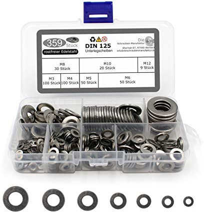 359 teiliges Set Unterlegscheiben Form A ohne Fase nach DIN 125 / ISO 7089 Standartausführung rostfreier Edelstahl A2 V2A, Beilagscheiben Größen M3 M4 M5 M6 M8 M10 M12