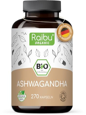 Raibu Ashwagandha Cápsulas BIO (270 cápsulas - 2400 mg Dosis Diaria) Ashwagandha Polvo de Raíz I Ecológica Dosis Alta, Primera Calidad, sin Aditivos, Envasado en Europa