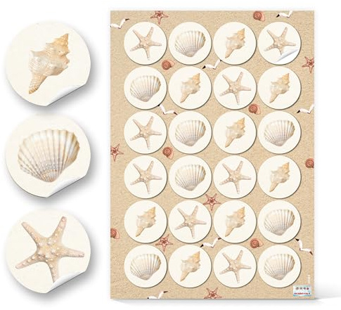 Aufkleber Muscheln & Seestern, 96er Set: Maritime Sticker, Deko Sommer, Meer & Strand, Aufkleber Maritim, Für Karten, Geschenke & Party, Dekosticker Klein, Muschel-Dekoration, Sand/Beige, Ø 4 cm