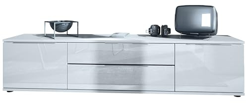 Vladon TV Lowboard Linio V2, Fernsehtisch mit 2 Türen und 2 Schubladen – Weiß/Weiß Hochglanz (166,5 x 37,5 x 35 cm)
