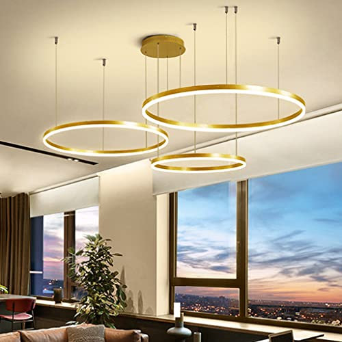 Modern 3 Ringe Pendelleuchte 90W LED Dimmbar Esstisch Pendellampe Mit Fernbedienung Hängeleuchte Aluminium Acryl Höhenverstellbar Hängelampe Schlafzimmer Kronleuchter Wohnzimmer Deckenleuchte,Gold…