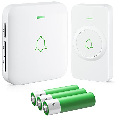 AVANTEK Kabellose Türklingel Batteriebetrieben Weiß, Mini Funkklingel 300M, IP55 Wasserdicht Elektronische Türglocken, 52 Melodien auf 5 Stufen Volumen mit LED-Anzeige, WA-11
