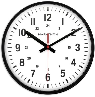 MARATHON 10” Analog Clock, Black - Silent, Continuous-Sweep Second Hand - Easy-to-Read Dial - 12 & 24-Hour Markers - Integrated Keyholes for Easy Wall Mounting