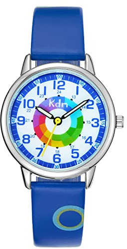 KDM Klockor för barn, barn, flickor, pojkar, vattentät analog läderklocka, läderrem, vattentät, B-5 【Regnbågscirkel】 Blå, armband
