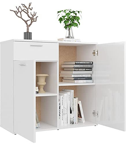 Gecheer Sideboard mit 2 Türen 1 Schublade Kommode Anrichte Mehrzweckschrank Beistellschrank Schrank Standschrank Hochglanz-Weiß 80 x 36 x 75 cm (L x B x H),Hochglanz-Weiß