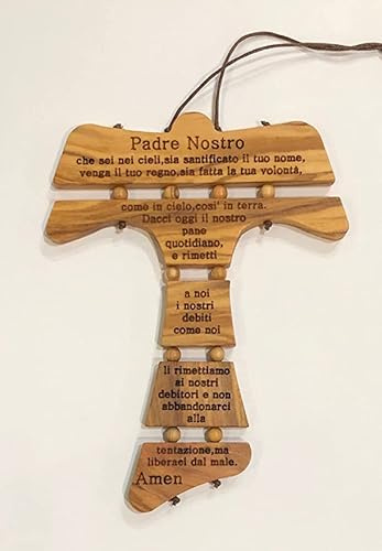 IL SOLE Croce Tau da parete in legno di ulivo con Preghiera Padre Nostro, in varie misure, con certificato di garanzia, prodotto nelle vicinanze di Assisi (MEDIO 15 x 11 cm)