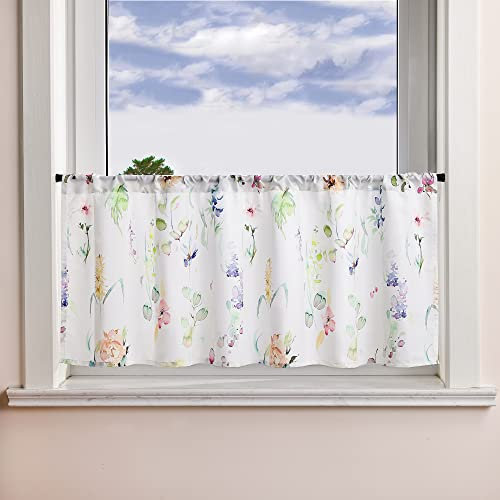 HeichkelL Bedruckte Scheibengardine Blumenmuster Küchenvorhang Landhausstil Dekorative Bistrogardinen für Wohnzimmer Stangendurchzug Bunt BreitexHöhe 90x30 cm