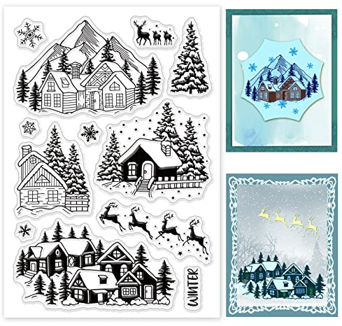 BENECREAT 16x11 cm/6.3x4.3 Zoll Winter Schneehaus Klarsichtstempel, Elch/Schneeflocke/Heiliger Baum Transparente Silikonstempel Für Weihnachtskarten, Dekoration Und DIY-Scrapbooking-Album