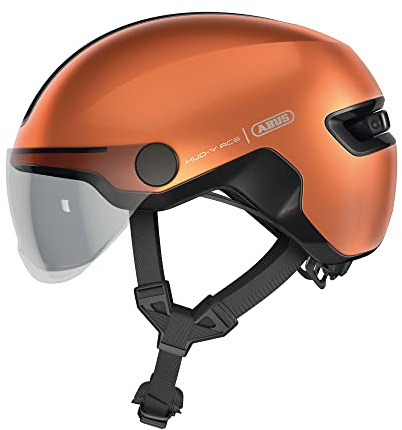 ABUS Stadthelm HUD-Y ACE - stylischer Fahrradhelm mit Visier und magnetischem, aufladbarem LED-Rücklicht - für Damen und Herren - Orange, Größe M