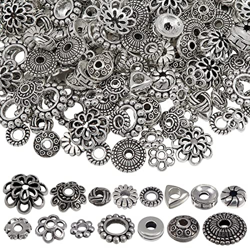 TOAOB 300 Stück Abstandsperlen Silber Zwischenperlen Metallperlen zum Auffädeln Perlenkappen Antike Silber Spacer Perlen für Armbänder Schmuckherstellung Bastelperlen DIY Schmuckzubehör mit Loch