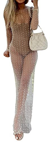 YILEEGOO Sexy Women's Sheer Mesh Pearl Rhinestone Cover Up Dress Beach Swimwear Bikini Bathing Suit Cover Ups (White, M)