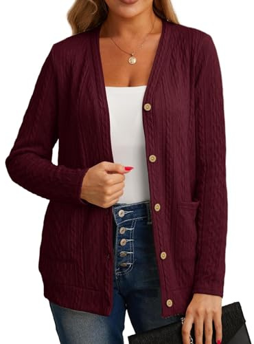 GRECERELLE Kofta damer cardigan elegant vriden kofta för hösten med knappar, v-ringad och praktiska fickor, tunn och snygg, 06 vinröd, XL