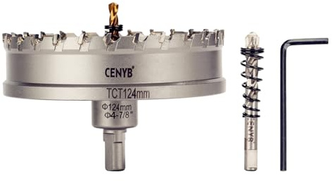 CENYB 4-7/8 Zoll, 124mm Lochsäge Hartmetall-Bohrer mit Wolframkarbidspitzen und 2 Titan-beschichtete Führungsbohrer, geeignet für Aluminiumlegierungen und Stahl.