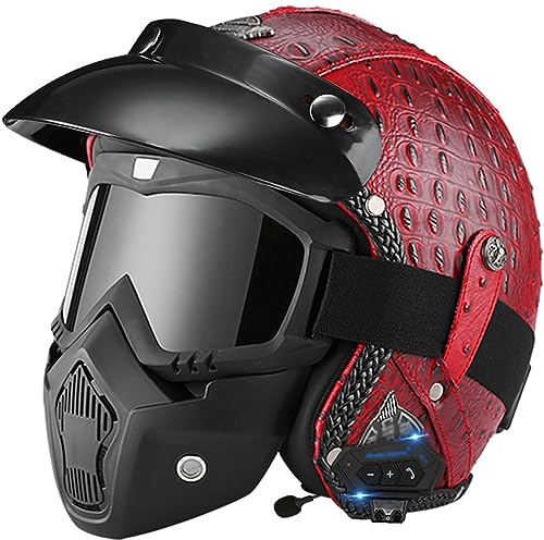 Casco Moto Vintage Stile Aperto Mezzo Bluetooth Casco In Pelle, Casco Scodella Moto Casco Caschi Cromwell Con Maschera Occhiali Retrò Casco Jet E Demi-Jet Casco Per Uomo Donna