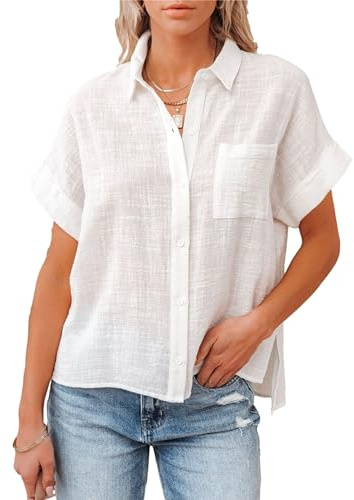 Lingjiazi Women's Cotton Linen Button Down Short Sleeve Shirt 2025 Summer Linen Tops Blouses with Pocket ﻿(0688-White-M)