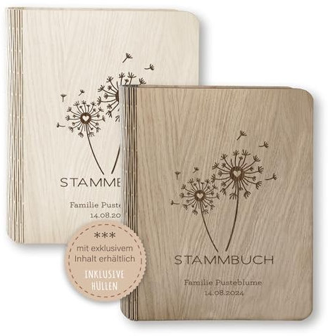 Stammbücher Holz Stammbuch der Familie personalisiert Dandelion Holzbuch A5 A4 Familienstammbuch Pusteblume beige braun Handarbeit