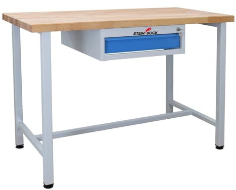 Steinbock Werkbank mit 1 Schublade | 300 kg Tragkraft | HxBxT 84 x 120 x 60 cm | Lichtblau | 4 cm Starke geölte Massivholz-Arbeitsplatte | stabiles Stahlgestell | Made in EU | Werkbank | Arbeitstisch