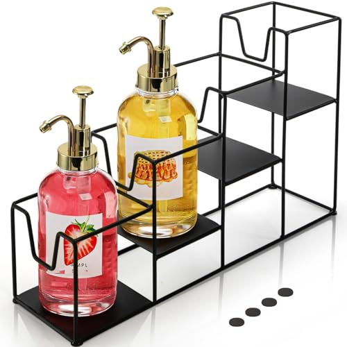 Pumtus 4 Tier Syrup Bottle Holder, 4 Bottle Metal Coffee Syrup Rack, Countertop Syrup Holder for Coffee Bar, Wine Display Storage Shelf, Cabinet Bottle Stand for Syrup, Liquor, Dressing