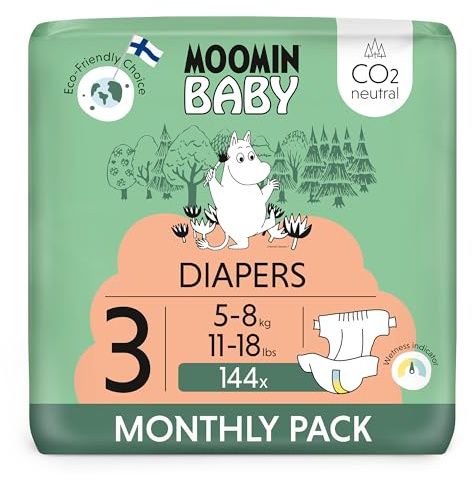 Moomin Baby ekologiska blöjor storlek 3, 5–8 kg 144 stycken månadslåda, mjuka premiumblöjor | mjuka och hudvänliga, andas, absorberande, inga onödiga kemikalier |