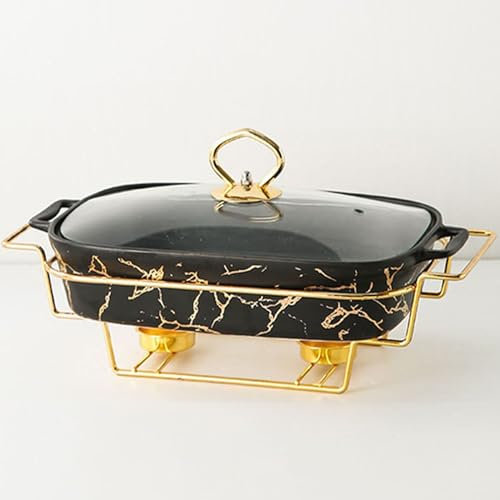 Juego De Buffet De Chafing Dish De CeráMica, Chafing Dish Con Acabado De MáRmol De ImitacióN, Estufa De Chafing Dish De Buffet Con Tapa Transparente De Vidrio, Para Buffet, Fiestas,Black-L