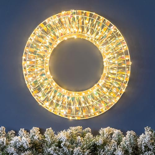 CHRISTOW Iridescent Light Up Christmas Wreath, 38cm, Warn White Micro LEDs | Iridescent Glow Effect, 300 Micro LEDs, Mains Powered with 5m Cable, Front Door Decoration, Indoor & Sheltered Outdoor Use