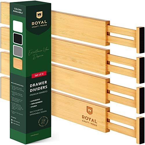 ROYAL CRAFT WOOD Verstellbare Schubladenteiler aus Bambus (43,2 cm – 54,6 cm) mit Einsätzen, erweiterbare Schubladen-Organisationstrennwände für Küche, große Utensilien, Kleidung, Schlafzimmer, 4
