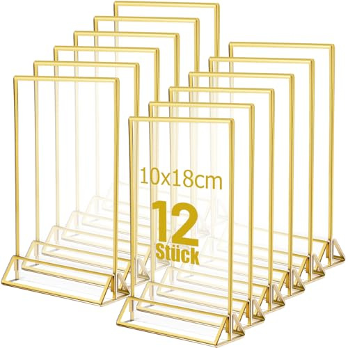Cptoion Doppelseitiger Bilderrahmen,Acryl Schilderhalter,12 Stück,Goldener | Goldenen Rändern, Acryl Gold Tischnummer Halter, Goldrahmen für Hochzeit Tischnummern Speisekartenhalter Fotorahmen