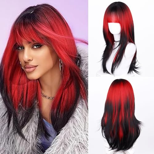 Wepwcod Lang Gerade Ombre Rot Perücken mit Pony für Frauen Perücken Synthetische Haare Perücke für den täglichen Gebrauch & Party