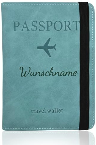 Generisch Reisepasshülle Personalisiert mit Wunschnamen - Reiseorganizer mit RFID-Schutz - Travel Wallet aus PU-Leder für Flugtickets, Reisepass, Impfpass, EC-Karten & Geld (Blau)