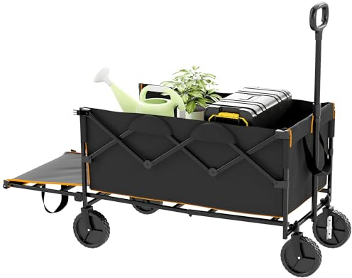 Outsunny 160L Festival Trolley on Wheels, Folding Camping Trolley Cart w/Tailgate, 100kg Heavy Duty Garden Collapsible Folding Wagon w/Adjustable Handle, Carry Bag for Beach Picnic, Black and Orange