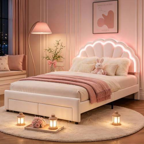 Julyue Mädchen Bett 140x200 mit 2 Schubladen, Kinderbett mit Stauraum und LED Beleuchtung, Kinderbett Doppelbett Jugendbett Stauraumbett Bettgestell mit Lattenrost, Samt, ohne Matratze
