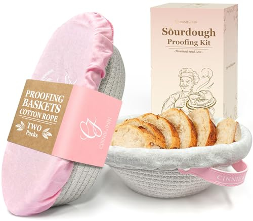 Cotton Rope Banneton Bread Proofing Basket Set, Oval & Round Baskets with Cloth Liners & Pink Covers - Artisan Sourdough Baking Supplies, Decorative Baking Tools for Kitchen & Gift Giving