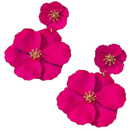 GLDFW - Pendientes colgantes de flores fucsias para mujer, chapados en oro, color fucsia blanco, con diseño de flores grandes, para vacaciones y novias