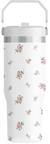 FOLAI Leakproof Flip Water Tumbler,30oz Stainless Steel Hot and Cold Water Bottle with Ergonomic Handle and Straw Keeps Cold For 12+ Hours,Ideal for Gym,Car,Beach-Easy to Carry Travel Mug(Floral)