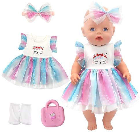 Lot de 4 vêtements de poupée pour bébé de 30 à 43 cm, bleu poudré, 1 accessoire pour cheveux avec nœud, 1 jupe, 1 sac à main rose, 1 paire de chaussettes, ensemble de vêtements de poupée pour filles
