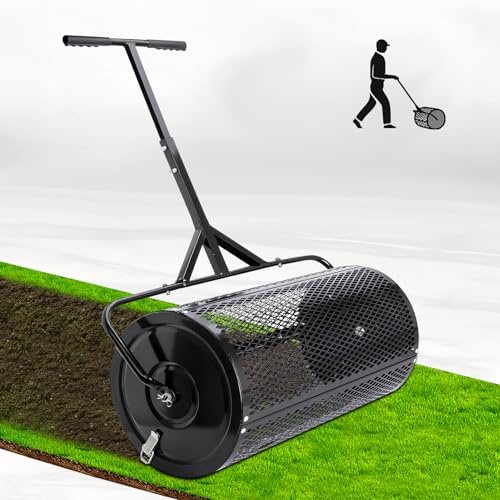 TEMFAR Compost Spreader 30 Inch Peat Moss Spreader with Installation Support, Powder-Coated Metal Mesh Roller Spreader for Top Soil, Lawn Care, Garden Spreading, Top Dressing & Mulch - Manure Spreader