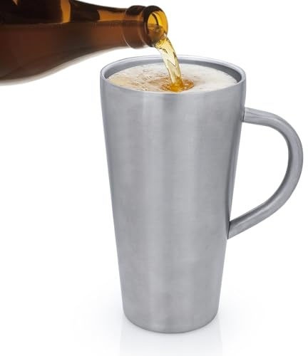LELE LIFE Taza de cerveza de doble pared con asa, vaso de cerveza aislado de 550 ml, acero inoxidable SUS304, taza de metal al vacío para café, bebidas frías/calientes, vasos de viaje