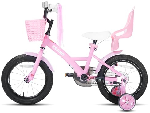 KEANO JOYSTAR Zinnia 16 Zoll Kinderfahrrad für Mädchen von 4-7 Jahren, 16 Zoll Mädchenfahrrad mit Stützrädern & Baket & Luftschlangen,Rosa
