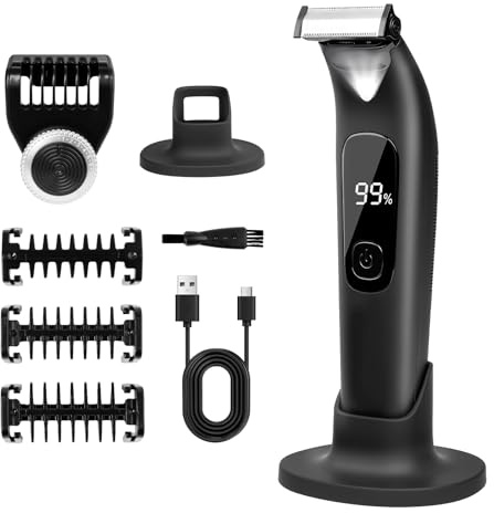 Carehabi Afeitadora Zona Íntima Hombre, Recortadora Corporal Hombre Impermeable IPX6 con Luz LED, Peines Guía y Soporte, Body Groomer Húmedo/Seco para Barba, Área Íntima, Cuerpo, Piernas, Pecho