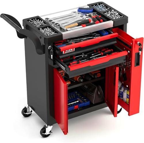 Tool Chest 2-Drawer,Rolling Tool Chest with Wheels/Side Drawer,Tool Cabinet/Cart for Garage,Workshop,Heavy Duty Metal Tool Box,Drawer Integrated Lockable,Safety Rounded Corner Anti-collision,Red