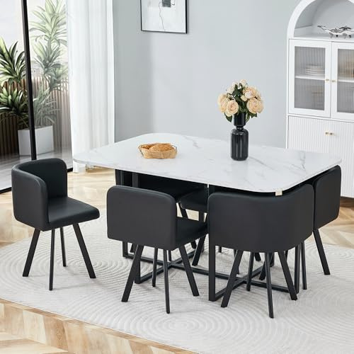 Rejeke 7-Piece Dining Table Set for 6,Modern Dining Table Set for 6 with Cushioned Chairs,59 White Kitchen Table Set for Home, Apartment,Office,Conference Room,Small Spaces, Space-Saving