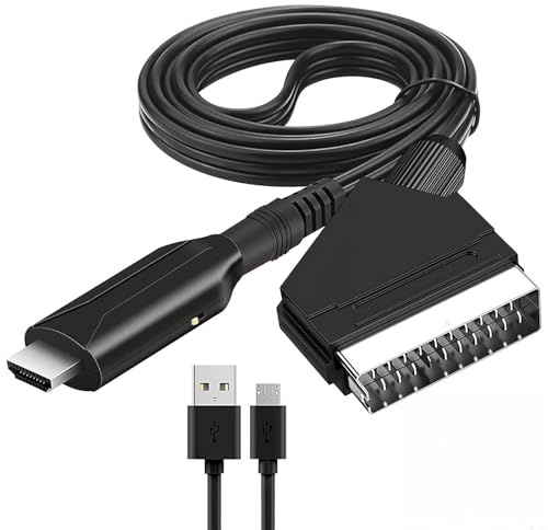 mireiar Convertidor de audio de vídeo a euroconector HDMI con interruptor 720P/1080P, entrada euroconector a salida HDMI, cable adaptador USB de 50 cm para HDTV, reproductor de DVD, monitor, proyector