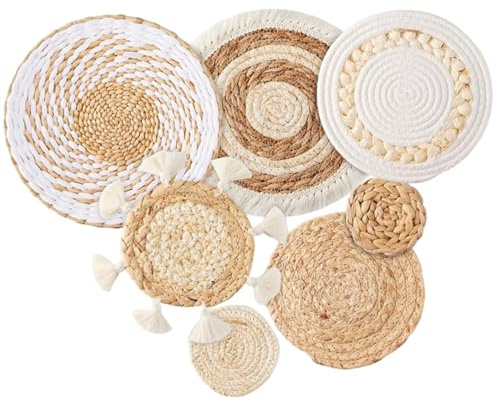 AwnsIMfreien Arte de Pared Bohemio, Cesta de Pared Bohemia, Juego de 7 Colgantes de macramé Planos y Redondos, decoración Tejida de Paja para salón, Dormitorio, Comedor, Estilo 2, cestas