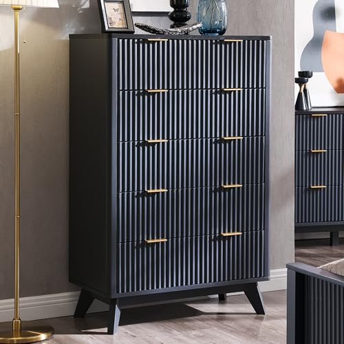 AetherWood Kommode mit 5 Schubladen, 122 cm groß, Moderner Rillen-Schubladenschrank, Gewölbtes Design, mit Melaminplatte in Marmor-Optik, Sideboard für Schlafzimmer & Wohnzimmer, Dunkelgrau