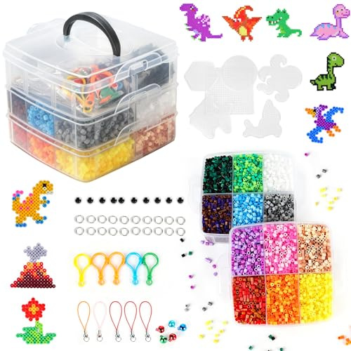 Bügelperlen Set 10000 Stück 5mm 24 Farben, Bastelset Kinder mit 3-lagiger Sortierbox, 6 bügelperlen platten, 5 Bügelpapier, 2 Nachfüllbeuteln, Pinzette & Zubehör Kreativset Geschenke für Mädchen Junge