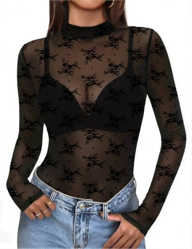 Zeagoo Women's Mesh Tops Long Sleeve T Shirts Transparent Top Mock Neck | See Through Tops Sexy Lace Top Slim Fitted Sheer Shirt Party Festival Clubwear XS-XXL