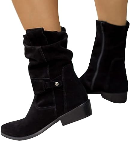 HTNEDNST Botas de vaquero para mujer, de ante, con tacón de bloque, cómodas, botas occidentales, botas de equitación de media altura, estilo vintage, botines elegantes, A15 negro, 40 EU