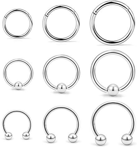 Briana Williams 9stk Silber Septum Nasenpiercing Nasenring Clicker Ring Edelstahl Hufeisen Lippe Labret Tragus Ohrring Piercing Schmuck