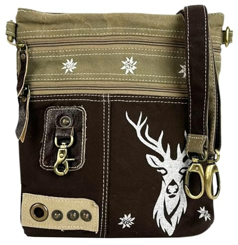 Domelo Trachtentasche. Canvas Damen Umhängetasche. Oktoberfesrt Tasche | Kahkigrün/braun Crossbody Bag, Hirsch Deisgn Schultertasche, Groß Dirndl Tasche als Geschenkidee für Trachtenmode Liebhaber