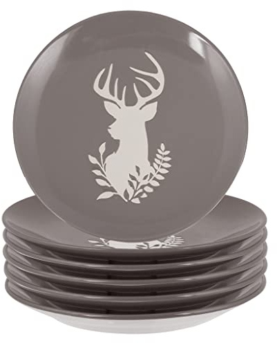 Dibor Set of 6 Grey Reindeer Side Plates Christmas Stoneware Crockery | Dishwasher Safe, Microwave Safe, Hand Finished, Reindeer Print, Christmas Tableware